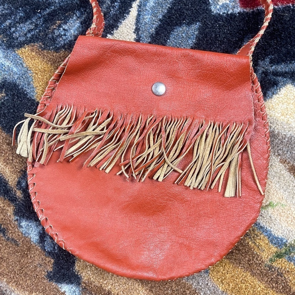 Vintage Leather Orange Bag with Fringe and Snap Closure - Picture 3 of 11